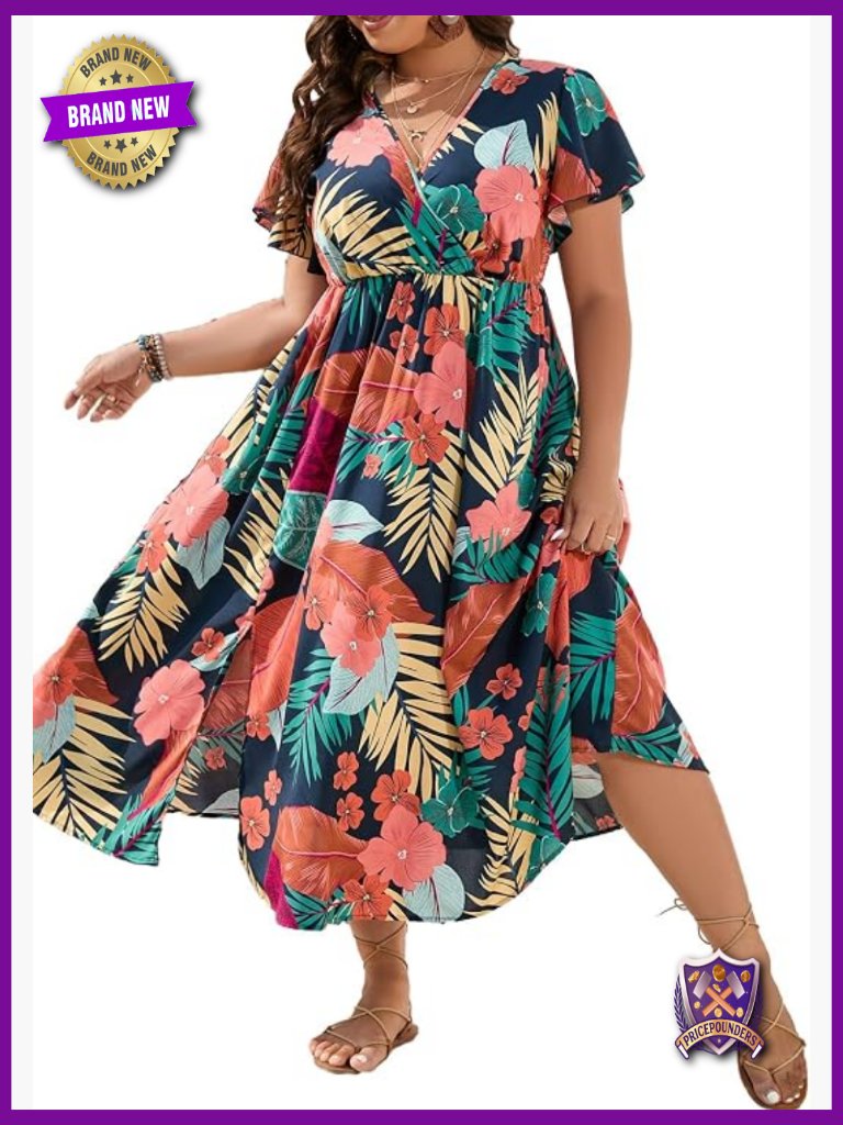Plus Size Boho Tropical Dress V-Neck Short Sleeve A-Line Long